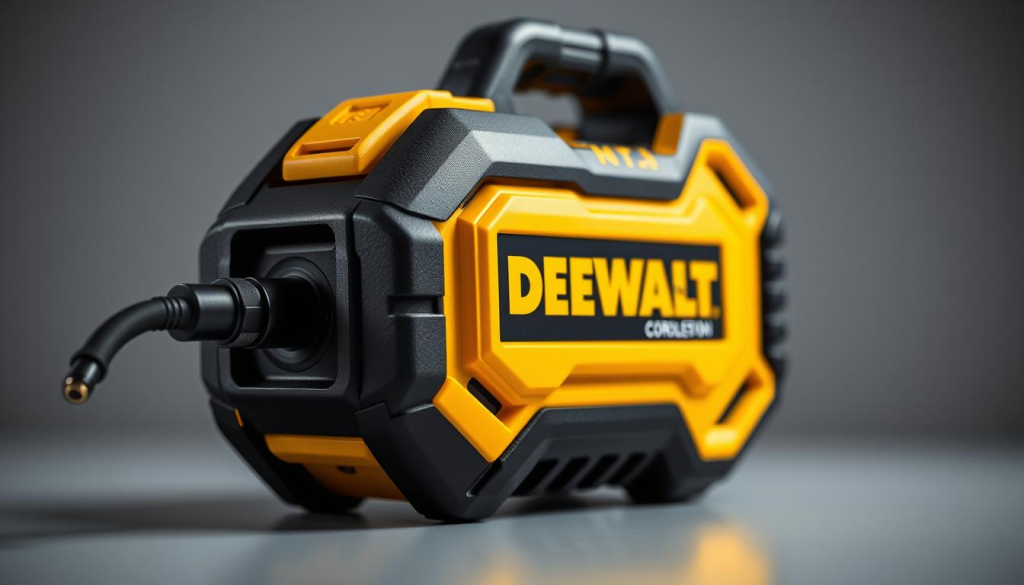 Detailed close-up of a sleek DEWALT cordless inflator device, meticulously rendered with a focus on its ergonomic design and premium construction. The device is captured in a well-lit, studio-style environment, allowing its distinctive black and yellow color scheme to stand out. The inflator's controls, air hose, and digital display are prominently featured, showcasing its user-friendly functionality. The overall composition creates a sense of quality and reliability, reflecting the DEWALT brand's reputation for durable and high-performance tools.