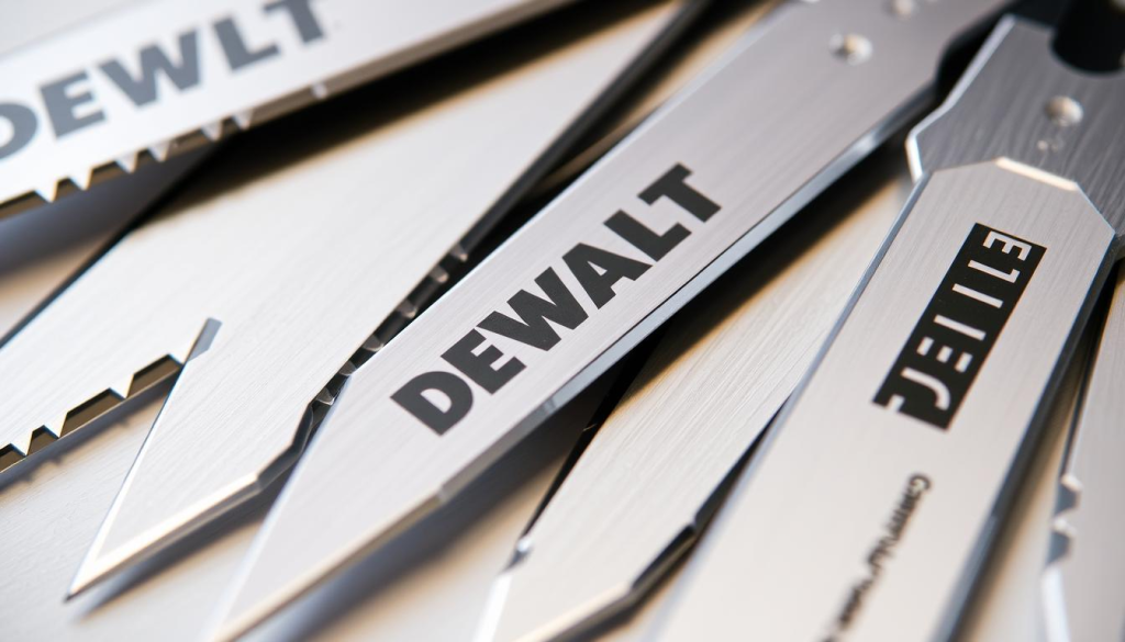 Detailed close-up of several sharp, gleaming DEWALT utility knife blades, meticulously crafted with precision. The blades are made of high-quality stainless steel, with a sleek and durable design. The image captures the blades from various angles, showcasing their razor-sharp edges and the intricate serrations. The lighting is crisp and evenly distributed, highlighting the blades' shiny surfaces and the subtle textures. The background is neutral, allowing the focus to remain solely on the impressive craftsmanship and functionality of the DEWALT utility knife blades.