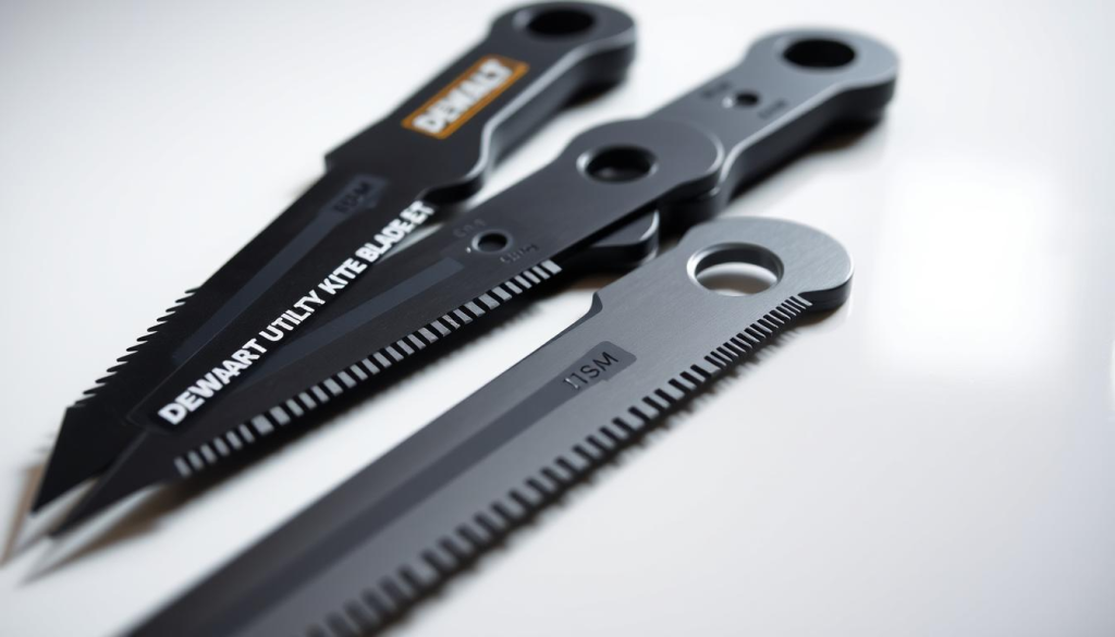 Detailed close-up photograph of several DEWALT utility knife blades in a well-lit studio setting. The blades are arranged neatly on a clean, reflective surface, showcasing their sharp, serrated edges and high-quality construction. Soft, directional lighting from the side and above casts subtle shadows, emphasizing the blades' contours and precision. The image has a crisp, professional feel, inviting the viewer to examine the knives' features and consider their suitability for various tasks.