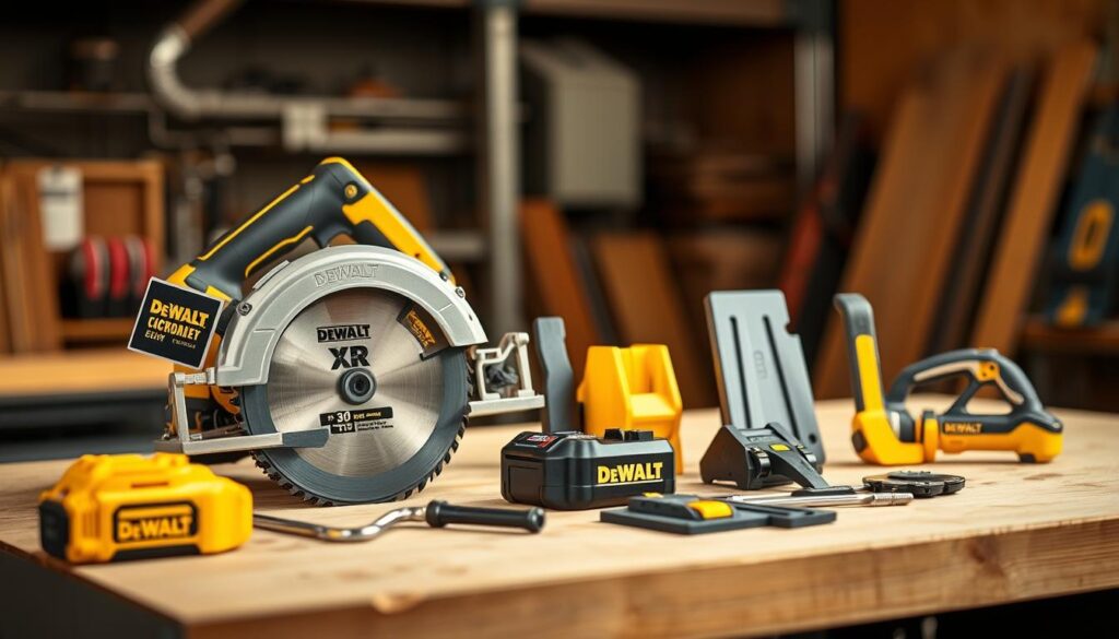 Detailed close-up shot of DEWALT XR cordless circular saw accessories, arranged neatly on a workbench with a warm, inviting lighting. The foreground showcases the saw blade, wrench, and battery pack, all in the signature DEWALT yellow and black color scheme. In the middle ground, various attachments and guides, such as the rip fence and bevel gauge, are displayed, highlighting the versatility of the XR system. The background features a subtle, blurred industrial setting, suggesting the saw's rugged, professional-grade design. The overall composition conveys a sense of precision, quality, and the tools' ability to enhance the user's DEWALT XR circular saw experience.