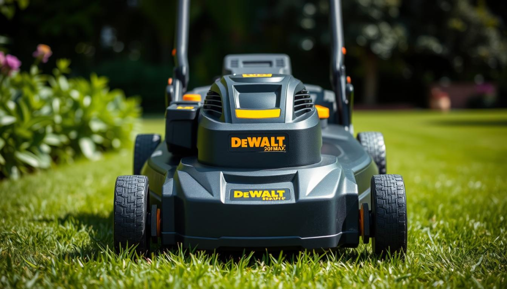 Detailed close-up shot of a DEWALT 20V MAX Lithium-Ion Cordless Electric Lawn Mower, featuring a sleek black and yellow color scheme. The mower is positioned in a well-lit, verdant garden setting, with soft shadows creating depth and dimension. The front-facing view showcases the powerful motor, adjustable cutting height, and durable wheels, highlighting the mower's robust and efficient design. The background is slightly blurred, keeping the focus on the sharp, high-quality details of the mower itself. The overall mood is one of power, precision, and environmentally-friendly outdoor maintenance.