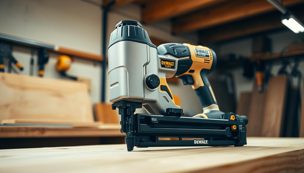 Detailed close-up shot of a DEWALT electric finish nailer in a well-lit, professional workshop setting. The tool is positioned on a clean, wooden workbench, showcasing its sleek, metallic body and ergonomic design. Emphasis on the precision nailing mechanism, depth adjustment knob, and safety trigger for controlled operation. Warm, natural lighting illuminates the device, highlighting its high-quality construction and attention to detail. The overall atmosphere conveys a sense of craftsmanship, efficiency, and the power of this specialized tool for professional woodworking applications.
