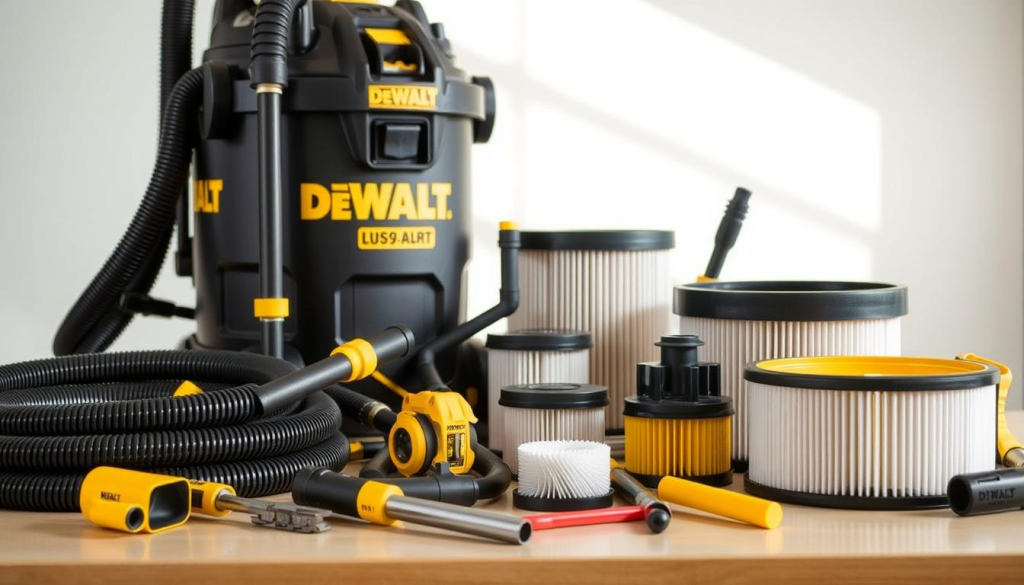 Detailed close-up shot of a DEWALT shop vac accessory collection on a clean, well-lit workbench. The foreground features an assortment of DEWALT vacuum hoses, crevice tools, extension wands, and filters in various sizes and configurations. The middle ground showcases the main DEWALT shop vac unit with its robust design and prominent DEWALT branding. The background has a plain, neutral backdrop to keep the focus on the accessories. The lighting is natural and diffused, creating soft shadows that accentuate the textures and details of the products. The overall mood is one of professional-grade cleaning power and versatility.