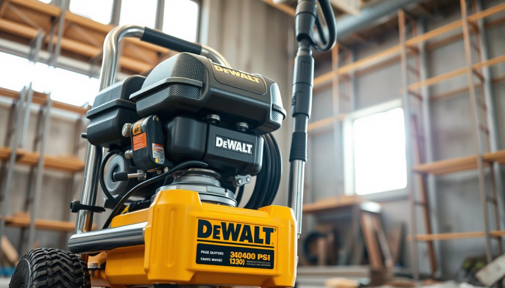 Detailed close-up shot of a DeWalt 3400 PSI pressure washer in a construction setting. The washer is prominently displayed in the foreground, its sturdy metal frame and heavy-duty components gleaming under bright, directional lighting. The background features a partially constructed building, with scaffolding, tools, and building materials visible, conveying a sense of rugged, industrial functionality. The image emphasizes the washer's robust design and build quality, reflecting its suitability for demanding construction site cleaning tasks.