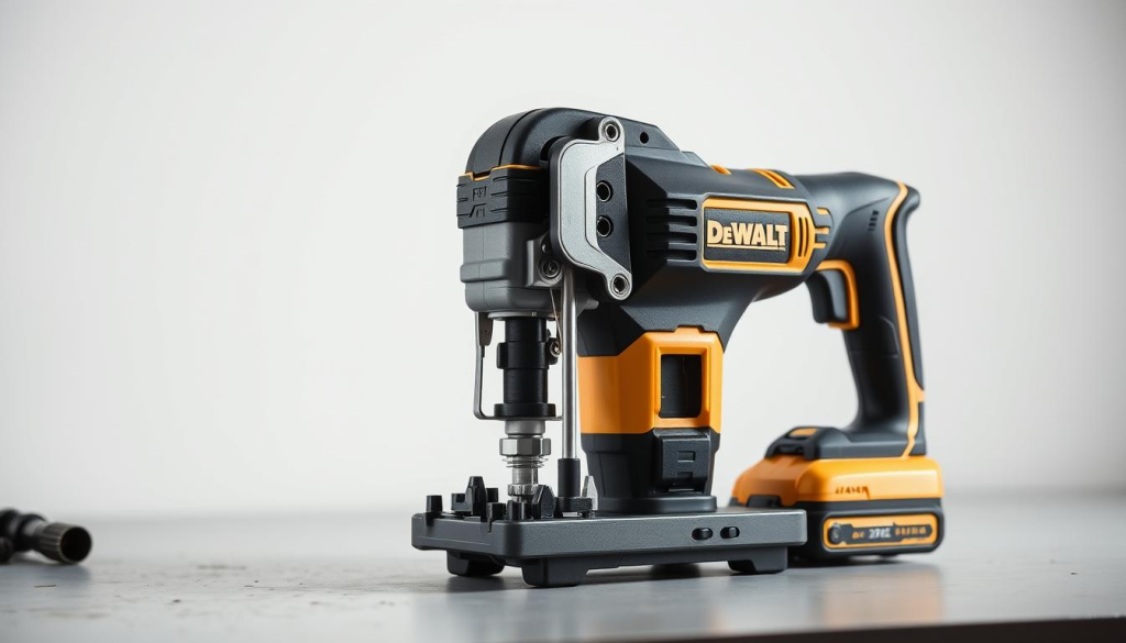 Detailed close-up shot of a DeWalt 7491 power tool, positioned on a clean workbench against a plain white backdrop. The tool is illuminated by soft, natural-looking lighting, casting gentle shadows that emphasize its sleek, industrial design. The image captures the intricate components and mechanisms of the tool, showcasing its robust construction and precision engineering. The overall mood is one of professionalism, quality, and technical expertise, befitting the maintenance needs of this versatile power tool.