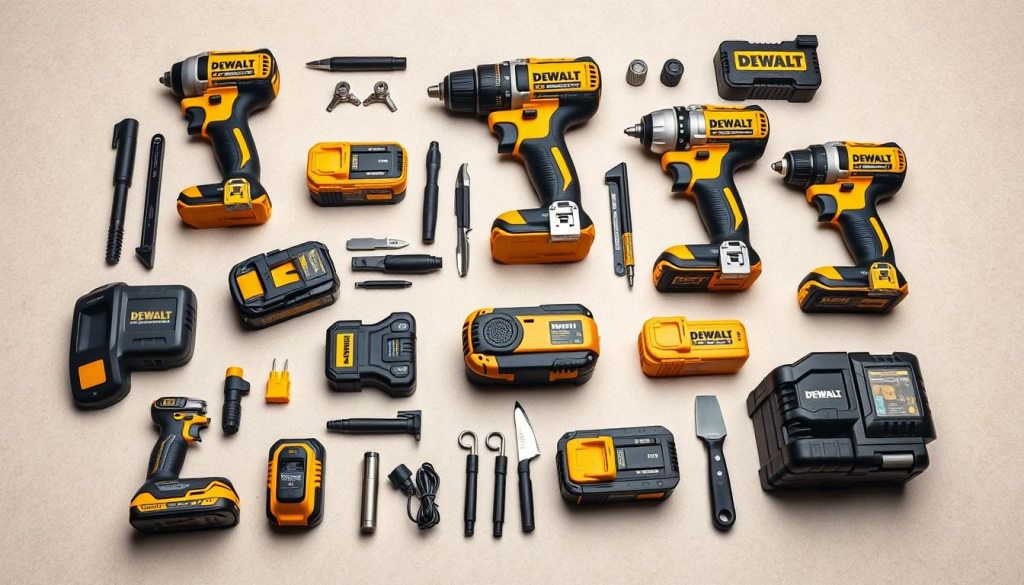 Detailed close-up shot of a professional-grade DEWALT cordless tool set, showcasing the various power tools and accessories neatly organized on a clean, neutral-colored surface. Bright, even studio lighting illuminates the high-quality construction and intricate details of the tools, creating a sense of reliability and durability. The composition highlights the compact, modular design of the set, emphasizing its versatility and cost-effectiveness for a wide range of DIY and professional applications. The overall mood is one of precision, efficiency, and practical value.