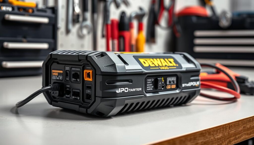 Detailed close-up view of a DEWALT 1400 jump starter, resting on a clean, well-lit workbench. The device is shown from multiple angles, showcasing its robust construction, sturdy metal casing, and various ports and connectors. The lighting is soft and directional, emphasizing the jump starter's sleek, industrial design. In the background, a set of mechanic's tools and a toolbox suggest a professional automotive workshop setting. The image conveys a sense of precision, functionality, and the importance of proper maintenance to ensure the jump starter's long-term reliability and performance.