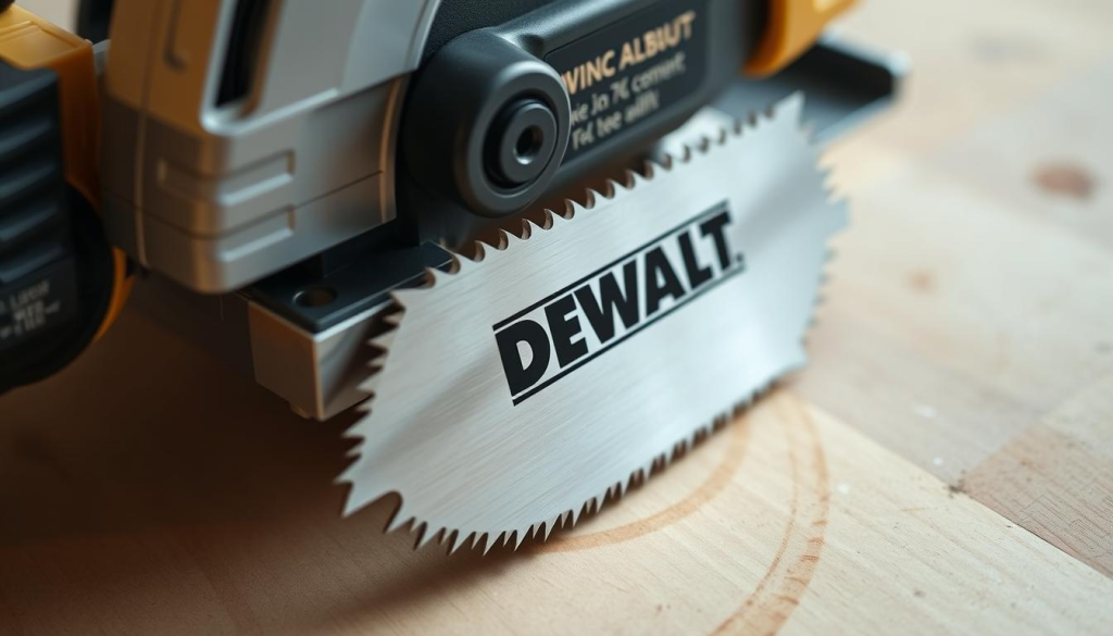 Detailed close-up view of a DEWALT jigsaw blade being installed onto the jigsaw tool. The blade rests on a clean, well-lit wooden workbench, with the jigsaw's blade mount prominently featured. The blade's sharp teeth and sleek metal body are sharply in focus, showcasing its high-quality construction. Soft, even lighting illuminates the scene, casting subtle shadows that accentuate the blade's form. The composition draws the viewer's attention to the precise, technical process of properly securing the blade, reflecting the instructional focus of the article section.