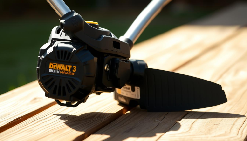 Detailed close-up view of a DeWalt 20V MAX String Trimmer, showcasing its robust construction and ergonomic design. The trimmer is positioned on a wooden surface, illuminated by natural lighting from the side, creating a warm, inviting atmosphere. Attention is drawn to the powerful motor, sturdy shaft, and the adjustable trimmer head, highlighting the tool's versatility and performance capabilities. The background is blurred, maintaining the focus on the subject and emphasizing its technical features. The overall scene conveys a sense of quality, efficiency, and the product's suitability for effortless lawn maintenance.