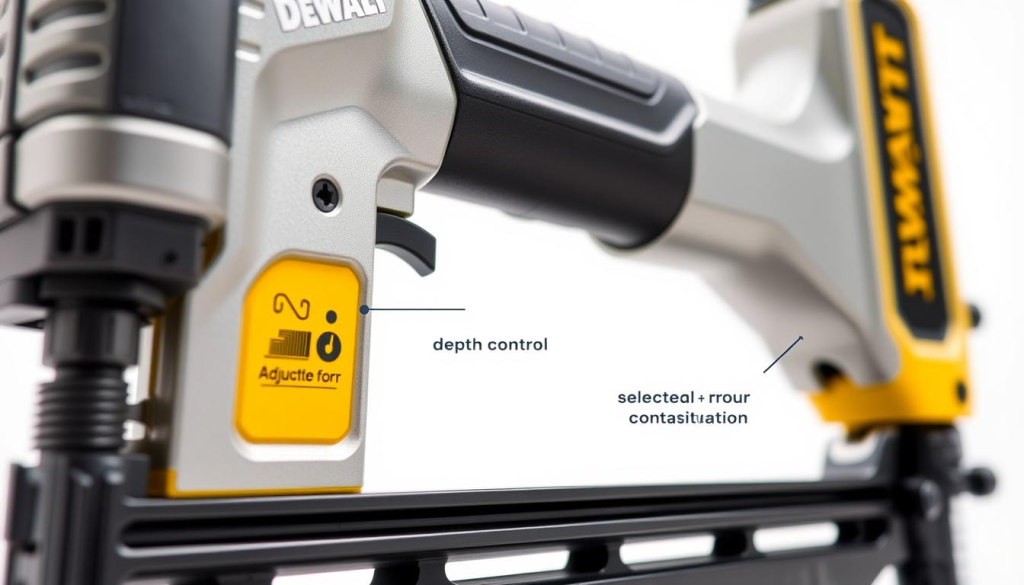 Detailed close-up view of a Dewalt 16 gauge finish nailer, showcased against a plain white background. The tool features a sleek, ergonomic design with a metallic gray body and accents. Highlight the key features such as the adjustable depth control, tool-free jam release mechanism, and selective actuation switch for sequential or contact actuation. Capture the nailer in a well-lit, high-resolution image with a shallow depth of field, emphasizing the refined craftsmanship and precision engineering. Convey a sense of professionalism and reliability to match the Dewalt brand identity.