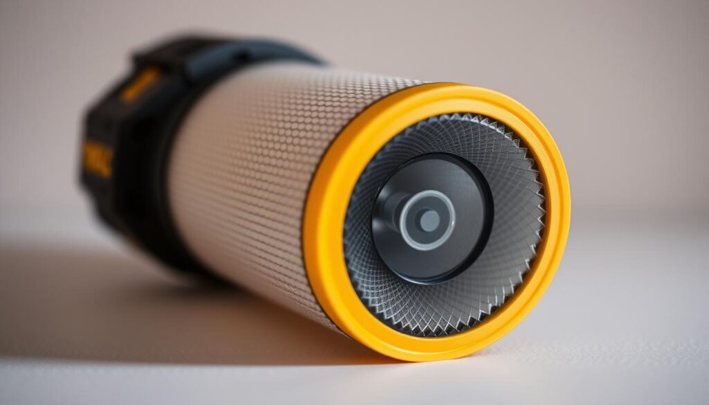 Detailed close-up view of a Dewalt vacuum filter, meticulously showcasing its intricate construction and textured surface. The filter is positioned at a slight angle, allowing for a clear view of its multi-layered design and the fine-mesh material. Soft, diffused lighting illuminates the filter, creating a sense of depth and highlighting its delicate components. The background is a clean, neutral tone, keeping the focus solely on the filter's maintenance-ready appearance. The overall composition conveys a sense of precision, functionality, and the importance of properly maintaining this vital Dewalt vacuum accessory.