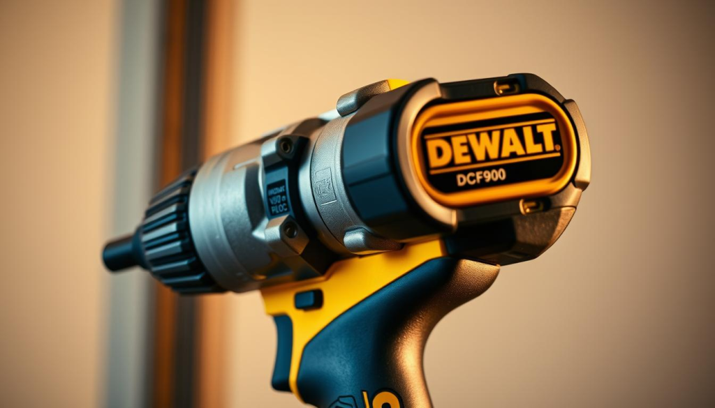Detailed close-up view of the DEWALT DCF900 impact wrench, showcased against a clean, well-lit background. Foreground prominently features the tool's key features, including the brushless motor, variable speed trigger, and ergonomic grip. Middle ground reveals the tool's sturdy construction, with a focus on the metal gearing and heavy-duty housing. Background provides subtle context, with a minimalist, industrial-inspired setting that complements the tool's professional-grade design. Warm, directional lighting accentuates the tool's metallic surfaces and creates a sense of depth and dimension. The overall composition aims to highlight the DCF900's power, precision, and suitability for demanding automotive and industrial applications.