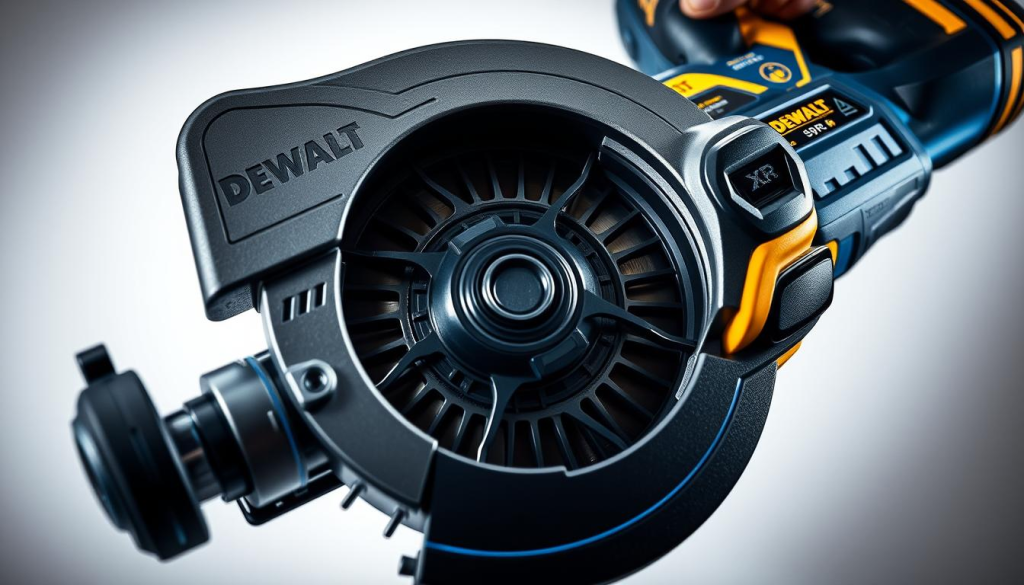 Detailed close-up view of the DeWalt XR Sawzall power tool, showcasing its sleek and robust design. The brushless motor is prominently displayed, surrounded by intricate metal casing and ergonomic rubber grip. Vibrant blue and yellow accents create a bold, industrial aesthetic. Dramatic, directional lighting illuminates the tool's contours, emphasizing its power and precision. The image is captured at a low angle, giving a sense of the Sawzall's impressive size and capabilities. The background is minimalist, allowing the tool to be the sole focus, communicating its high-performance engineering.
