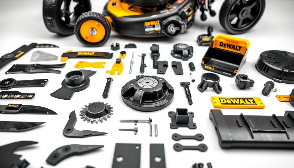 Detailed closeup of DEWALT push mower accessories laid out on a white background, showcasing a variety of high-quality parts and attachments. In the foreground, various blades, mulching kits, and grass catchers are arranged neatly. In the middle ground, innovative engine components and customization options are displayed. The background features a clean, well-lit setting, emphasizing the precision engineering and durable construction of the DEWALT brand. The image conveys a sense of professionalism, reliability, and the wide range of accessories available to enhance the performance and versatility of DEWALT push mowers.