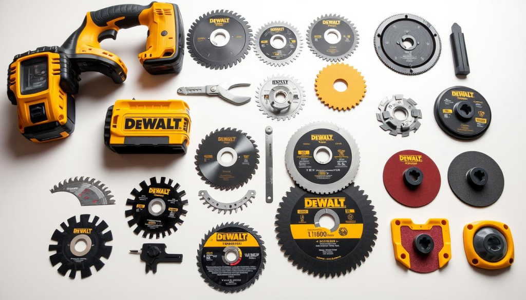 Detailed closeup of a variety of DEWALT cordless oscillating saw accessories, including different types of saw blades, sanding pads, and other attachments. Arranged neatly on a clean white surface with a slight drop shadow. Soft, even lighting from above creates a clear, well-lit, and professional look. The accessories are shown in an organized, visually appealing manner to highlight their features and versatility. The overall scene conveys the high quality and diverse capabilities of the DEWALT oscillating saw system.