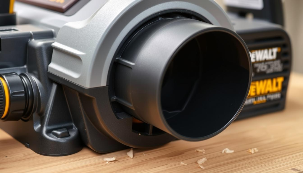 Detailed closeup view of a Dewalt DW735 planer's dust collection system, showcasing its efficient design and powerful suction capabilities. The system features a large dust port, strategically positioned to effectively capture wood shavings and debris during the planing process. The components are rendered in high resolution, with accurate textures and materials, such as the durable plastic housing and metal components. The image is captured from a slightly elevated angle, providing a clear and comprehensive perspective on the dust collection mechanism. The lighting is balanced, highlighting the various elements without creating harsh shadows, creating a professional and informative visual representation.