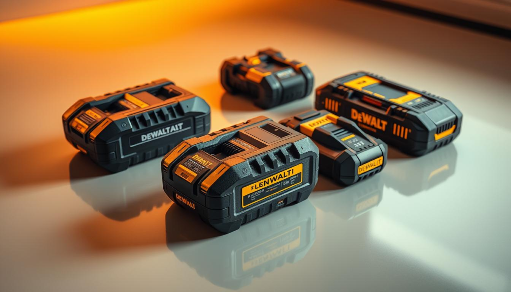 Detailed comparison of DEWALT EV charger against leading competitors, captured in a sleek, professional product photography setup. Chargers are neatly arranged on a reflective surface, bathed in warm, directional lighting that accentuates their angular, rugged designs. Subtle color tones and shadows create depth and emphasize the robust build quality. Camera angle is slightly elevated to provide an authoritative, bird's-eye perspective, inviting the viewer to scrutinize and compare the products. Overall, a visually striking yet informative composition that conveys the power, reliability and technological edge of the DEWALT EV charger.