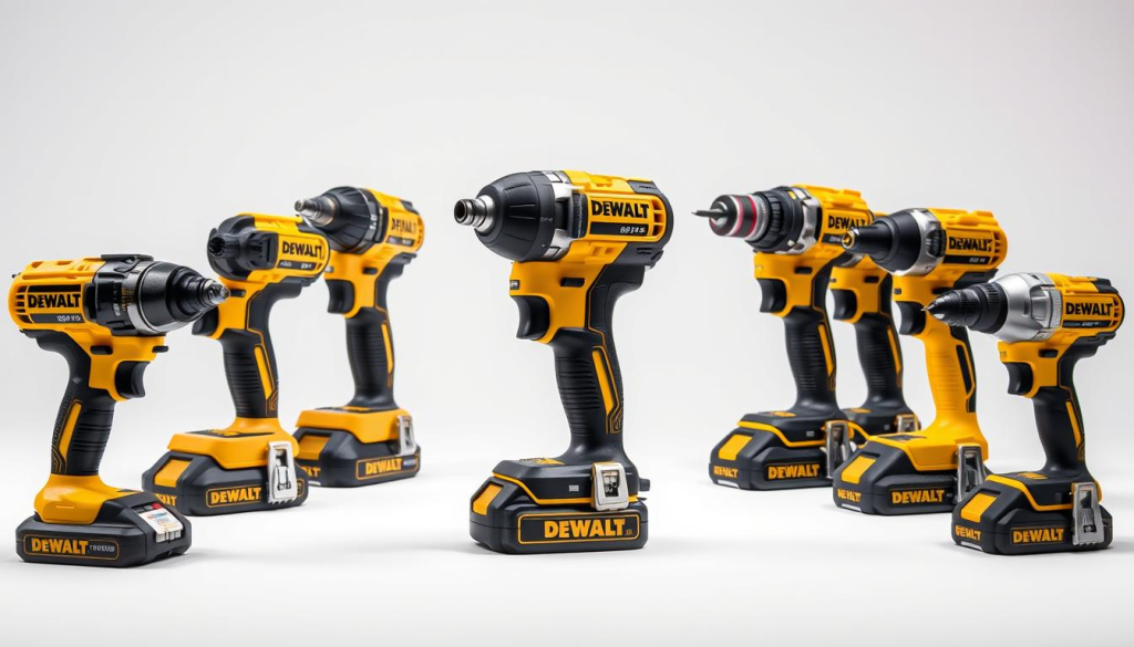 Detailed comparison of DEWALT impact driver against a lineup of competing brands, showcased in a meticulously lit studio setting. The DEWALT model takes center stage, its sleek black and yellow chassis glistening under dramatic lighting. Surrounding it are the rival impact drivers, each presented at a slight angle to highlight their unique designs and features. The background is a clean, minimalist white, allowing the tools to be the sole focus. The image conveys a sense of technical precision and product expertise, inviting the viewer to closely examine and appreciate the distinctions between the DEWALT and its competitors.