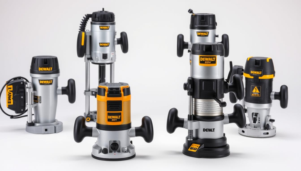 Detailed comparison of four 20V brushless routers, showcased in a clean, well-lit studio setting. In the foreground, the DEWALT 20V router stands prominently, its sleek design and precise controls highlighted. Surrounding it, three other leading 20V router models are arranged in a visually striking layout, allowing for easy side-by-side evaluation. Soft, directional lighting accentuates the contours and textures of each tool, while a neutral background keeps the focus on the products. The overall composition conveys a sense of professional, informative display, suitable for an authoritative woodworking article.