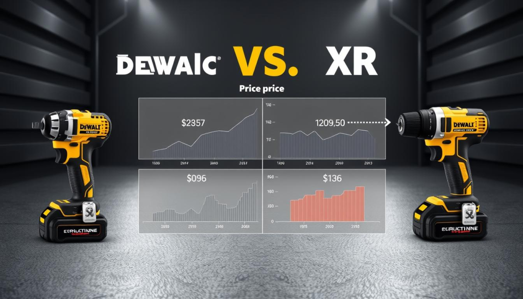 Detailed comparison of the Dewalt Atomic and XR power tools, showcased in a sleek, technical illustration. In the foreground, the two cordless tools are displayed side by side, their design lines and features highlighted. In the middle ground, transparent graphs and charts illustrate the price differences, performance metrics, and runtime statistics. The background is a minimalist, industrial-themed environment with metallic textures and subtle lighting, emphasizing the tools' professional-grade quality. The overall composition conveys a sense of precision, authority, and technical expertise, guiding the viewer through the key price and value considerations.