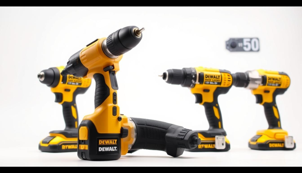 Detailed comparison of three DEWALT 90 Degree Drill models, showcased in a crisp, well-lit studio setting. In the foreground, the drills are precisely arranged, their distinctive yellow and black casings gleaming. The middle ground highlights the unique features of each model, such as their various trigger configurations and side handle placements. The background provides a clean, uncluttered workspace, allowing the tools to take center stage. The lighting is balanced, accentuating the drills' textures and highlighting their ergonomic designs. The overall composition conveys a sense of professional assessment, inviting the viewer to closely examine and compare the capabilities of these versatile power tools.