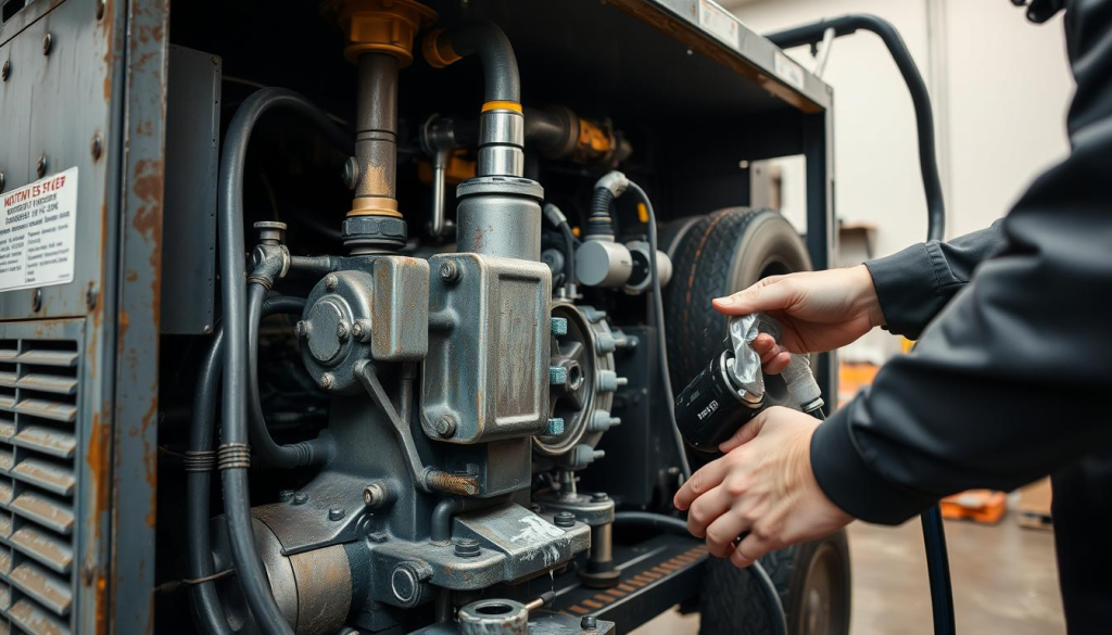 Detailed heavy-duty pressure washer being serviced, showcasing its internal components and maintenance process. Brightly lit, wide-angle view from slightly above, highlighting the complex machinery and intricate details. Worn but well-maintained exterior, with the operator's hands visible as they carefully inspect and clean the various parts. Minimal background, allowing the focus to remain on the pressure washer. Conveys a sense of professionalism, expertise, and the importance of proper maintenance for optimal performance and longevity.