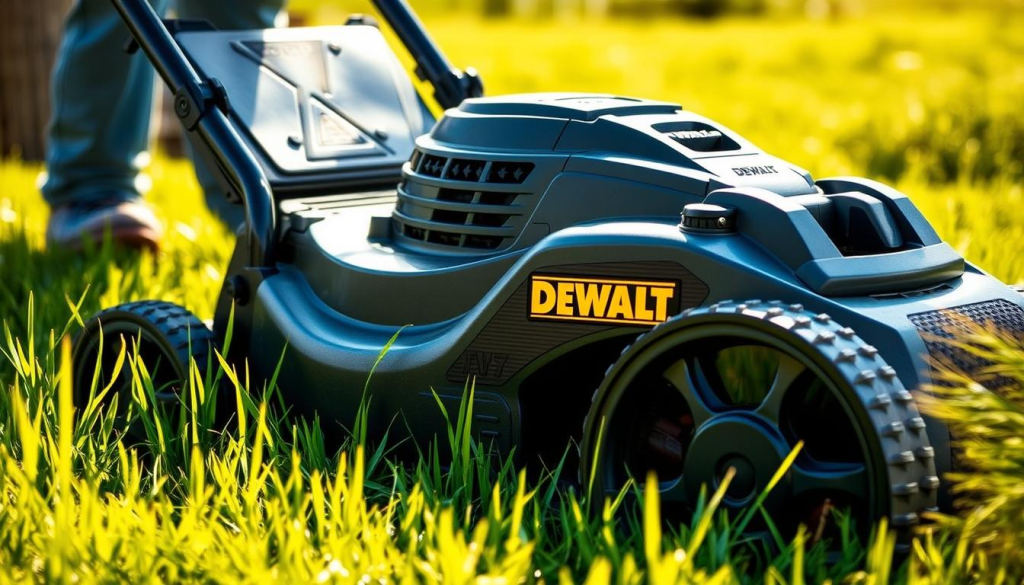 Detailed, high-quality image of a DEWALT electric lawn mower in action, showcasing its impressive performance and power. The mower is cutting through lush, green grass under bright, natural lighting with warm, golden tones. The scene captures the mower's efficient operation, with the blade spinning rapidly and the motor running smoothly. The mower's sturdy, well-designed body is prominently featured, conveying a sense of durability and reliability. The image emphasizes the mower's power and capability, reflecting the "Performance and Power" section of the article.