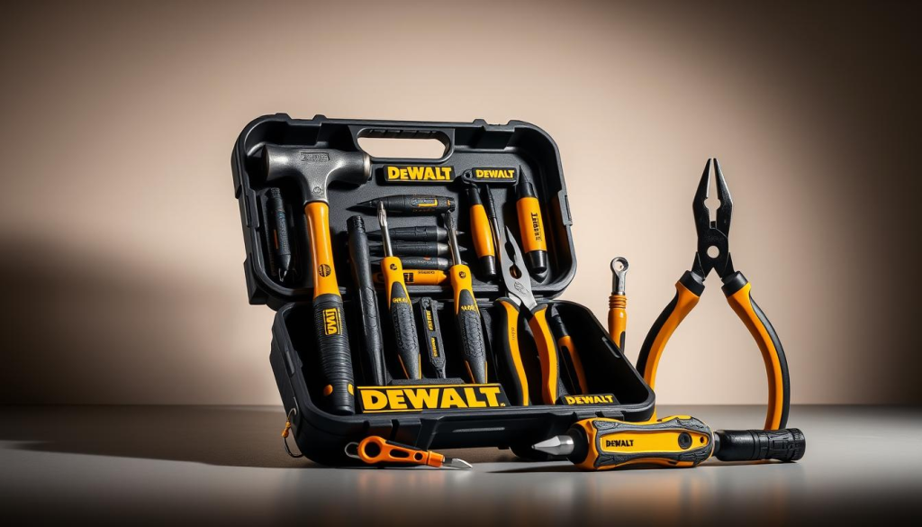Detailed, high-quality image of a sleek, professional DEWALT hand tool kit, showcased against a clean, minimalist background. The kit features a sturdy, impact-resistant plastic case with the DEWALT logo prominently displayed. Inside, a carefully curated selection of essential DEWALT hand tools, including a hammer, screwdrivers, pliers, and a utility knife, is neatly arranged. The tools are crafted with precision, boasting DEWALT's signature yellow and black color scheme. Dramatic, directional lighting illuminates the kit, highlighting the quality and attention to detail. The composition emphasizes the versatility and durability of the DEWALT hand tools, capturing their suitability for a wide range of DIY and professional applications.