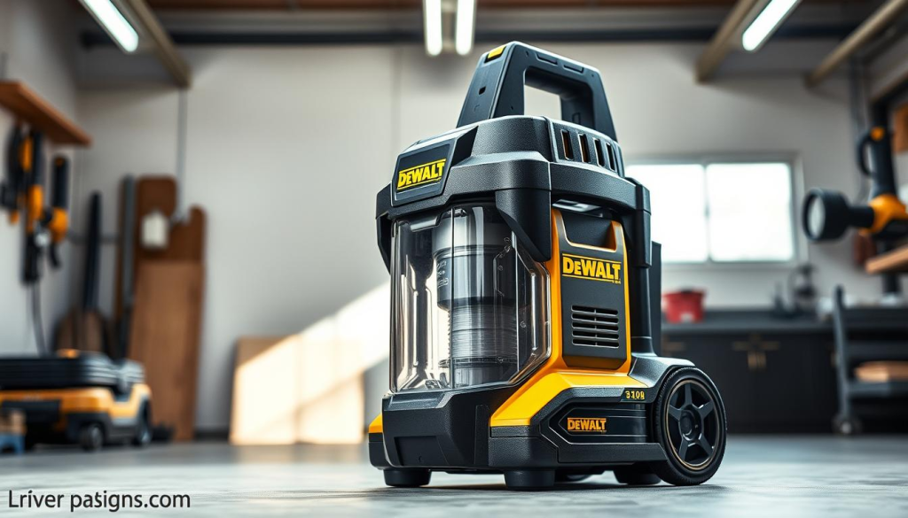Detailed, high-quality photograph of a DEWALT cordless wet dry vacuum cleaner in a well-lit workshop setting. The vacuum is the main focus, with a clean, uncluttered background showcasing its sleek, robust design. Textured metal accents, a sturdy carrying handle, and a transparent dust collection canister are clearly visible. Crisp, natural lighting from multiple angles highlights the vacuum's rugged construction and premium finish. The overall scene conveys the power, portability, and reliability of this DEWALT workshop essential.