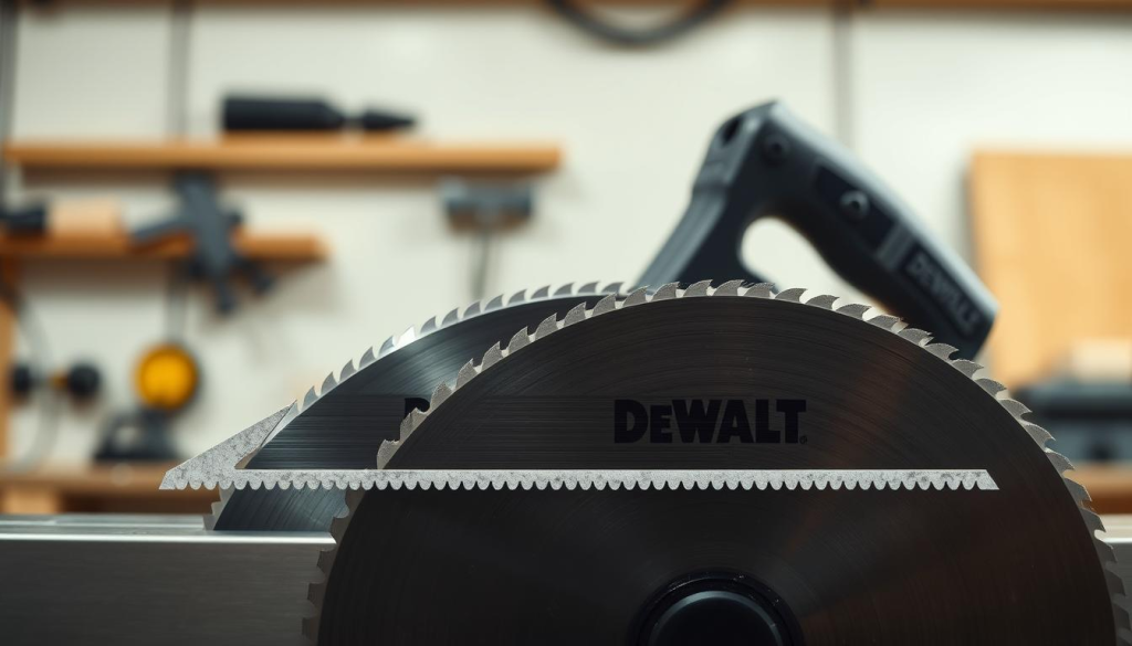Detailed high-resolution image of Dewalt 735 planer blades set against a clean, well-lit workshop background. Blades are sharply in focus, showcasing their sleek metallic finish and precisely machined edges. Soft, directional lighting creates subtle shadows that accentuate the blades' form and contours. The overall composition emphasizes the blades' performance and efficiency, reflecting the technical precision and quality of the Dewalt 735 planer. Depth of field gently blurs the background, directing the viewer's attention to the featured planer blades.