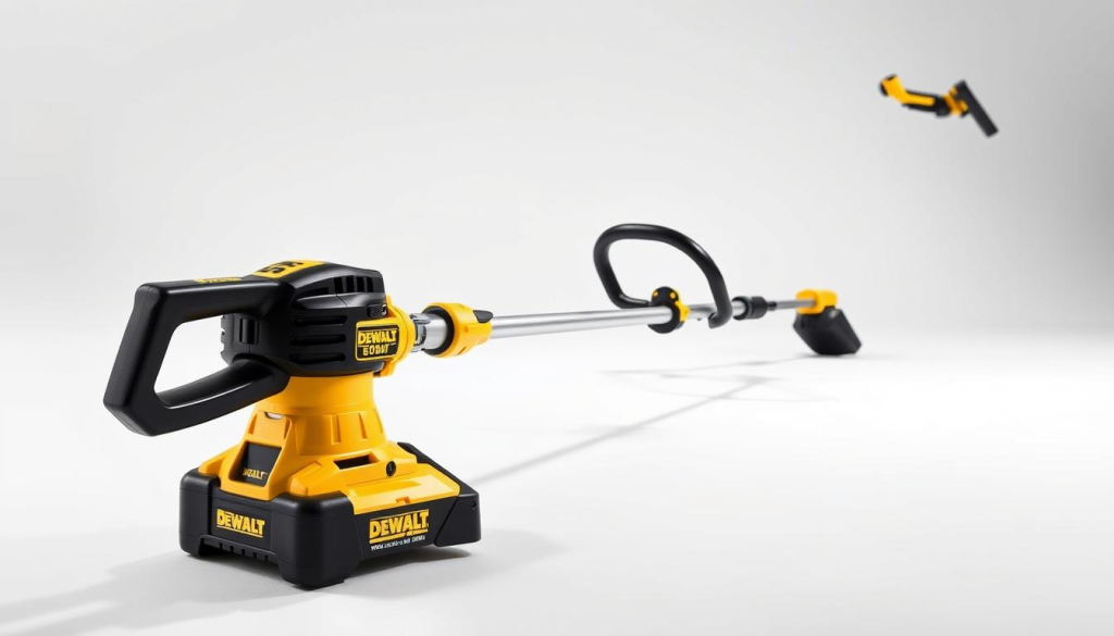 Detailed, high-resolution image of a DEWALT 60V MAX* Brushless String Trimmer, showcasing its power and performance. The trimmer is presented in a clean, well-lit studio setting, with a soft, neutral background that allows the tool to be the focal point. The trimmer is shown from a 3/4 angle, capturing its sleek, modern design and highlighting the brushless motor and adjustable cutting swath. The lighting is bright and directional, creating defined shadows that emphasize the trimmer's sturdy, high-quality construction. The image conveys the trimmer's strength, efficiency, and suitability for demanding lawn care tasks, aligning with the "Performance and Power" section of the article.
