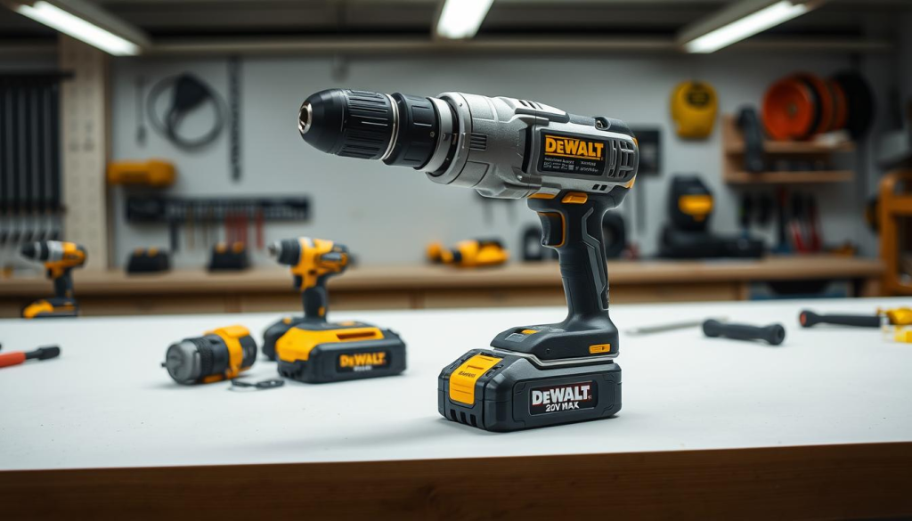 Detailed, high-resolution image of a DeWalt 20V MAX hammer drill in a well-lit professional workshop setting. The drill is the prominent subject, positioned in the center of the frame, with a sharp focus and clean, shadowless lighting accentuating its metallic grey and yellow color scheme. The background features a clean, minimalist workbench with various power tools and accessories, creating a sense of a professional, functional environment. The image conveys the power, precision, and versatility of the DeWalt 20V MAX hammer drill.