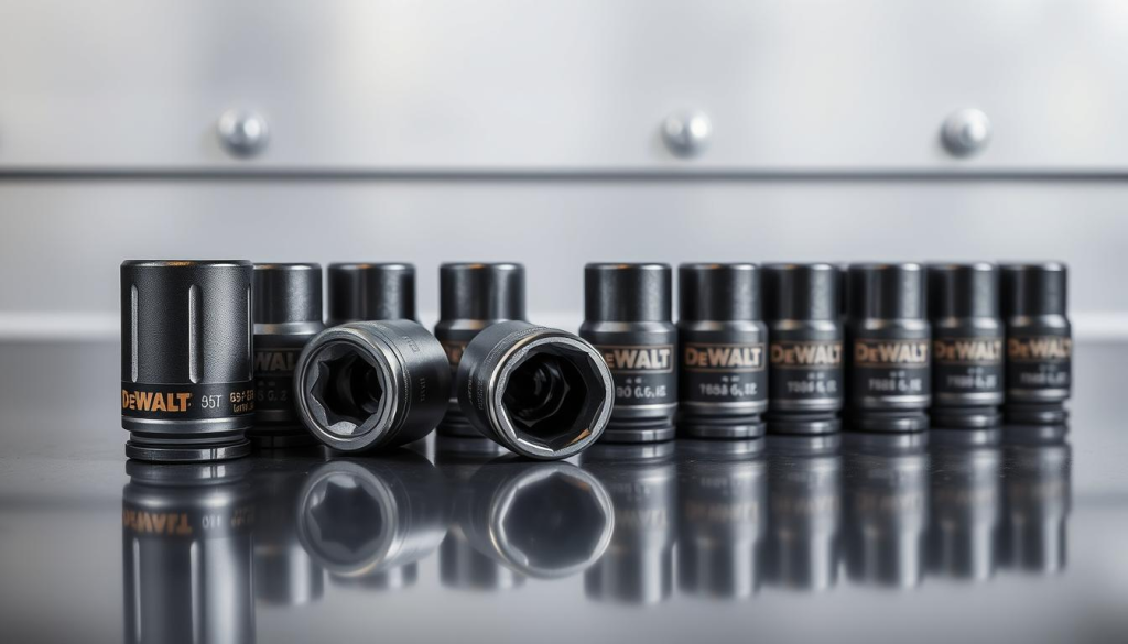 Detailed high-resolution image of a professional DeWalt impact socket set, showcased on a clean, reflective metal surface with a soft, diffused lighting setup. The sockets are arranged in an orderly fashion, highlighting their sturdy construction, precise fit, and distinctive DeWalt branding. The image conveys a sense of quality, reliability, and the expert craftsmanship that makes DeWalt a trusted choice for automotive tools.
