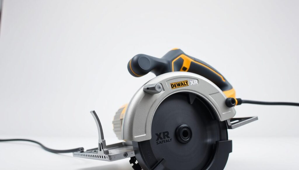 Detailed high-resolution image of the DEWALT XR Circular Saw, showcasing its key safety features in a clean, well-lit studio setting. Foreground features the saw body with focus on the guard, trigger, and blade guard control. Middle ground shows the power cord and prominent DEWALT branding. Background has a plain white backdrop, creating a minimalist, professional feel. Lighting is soft and diffuse, accentuating the saw's sleek, modern design. The image conveys a sense of safety, durability, and premium quality associated with the DEWALT brand.