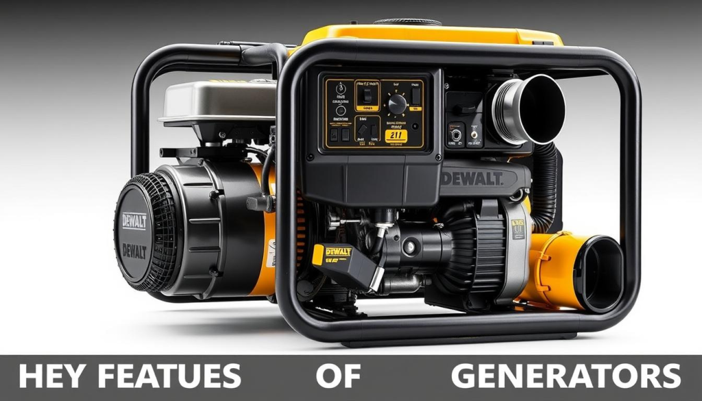 Detailed, high-resolution image of the key components of a DEWALT generator, showcased in a crisp, well-lit studio setting. Prominently featured are the generator engine, fuel tank, control panel, and exhaust system, captured from multiple angles to highlight their intricate engineering and robust construction. The image conveys a sense of precision, durability, and technical sophistication, aligning with the "Key Features of DEWALT Generators" section of the article.