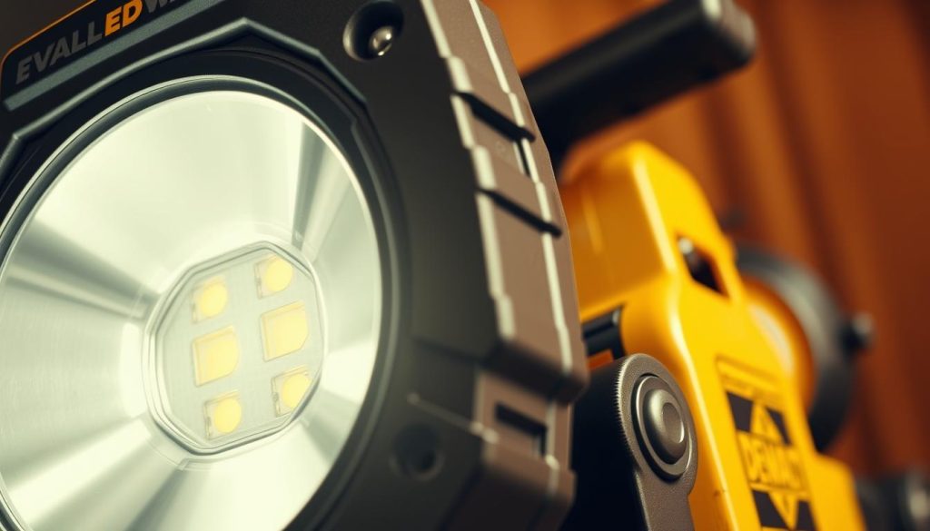 Detailed high-resolution image of the key features of a DEWALT work light. In the foreground, a close-up view of the rugged, impact-resistant housing with a sturdy metal frame. Prominent in the middle ground, a powerful LED light panel surrounded by a reflective surface to maximize brightness. In the background, an angled perspective showcasing the adjustable swivel base and the ergonomic carrying handle. The lighting is warm and uniform, highlighting the industrial design and durable construction. The overall mood is one of reliability and utility, suitable for construction site work.
