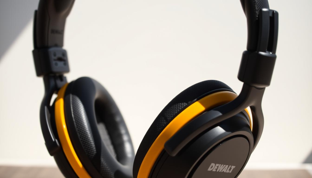 Detailed image of DEWALT noise-cancelling headphones, showcasing their robust and professional design. Headphones are positioned in the foreground, with a sharp focus and realistic textures. The middle ground features a clean, minimalist background, emphasizing the headphones' sleek and modern aesthetic. Lighting is natural and directional, casting subtle shadows that accentuate the product's form and features. The overall mood is one of quality, durability, and technological sophistication, reflecting the DEWALT brand's reputation for reliable, high-performance tools and accessories.