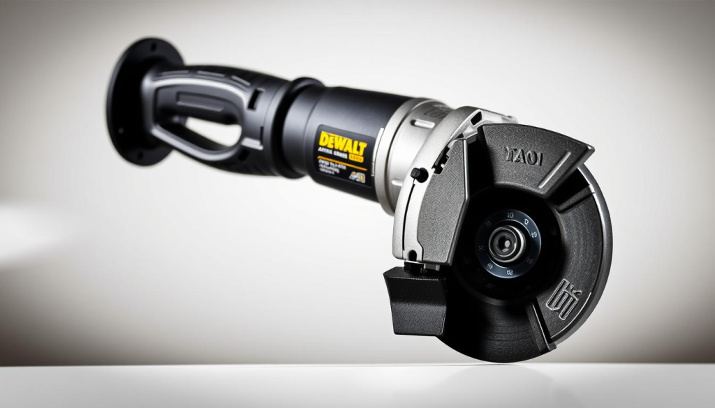 Detailed image of a DEWALT adjustable speed angle grinder in a well-lit, crisp studio setting. Foreground features the grinder with a sturdy metal body, ergonomic handle, and variable speed dial. Middle ground shows the grinder's guard, flange, and wheel in sharp focus. Background has a clean, neutral backdrop with subtle reflections highlighting the tool's sleek design. The lighting is soft and directional, casting gentle shadows and emphasizing the grinder's form and textures. The overall mood is one of precision, power, and professional-grade craftsmanship, fitting for a high-quality power tool.