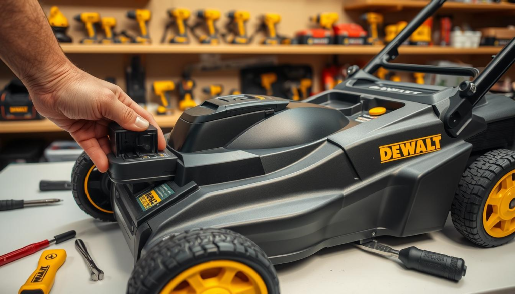 Detailed image of a DEWALT cordless electric lawn mower undergoing maintenance. The mower is positioned on a clean, well-lit workbench in a home garage or workshop. In the foreground, a mechanic's hand is inspecting the battery compartment, while various tools like screwdrivers and wrenches are neatly arranged nearby. The middle ground showcases the mower's deck, where the blade is visible and the air filter is being cleaned. In the background, shelves with DEWALT power tools provide context. Warm, natural lighting creates an atmosphere of focused, professional maintenance, highlighting the mower's sturdy, high-quality construction.