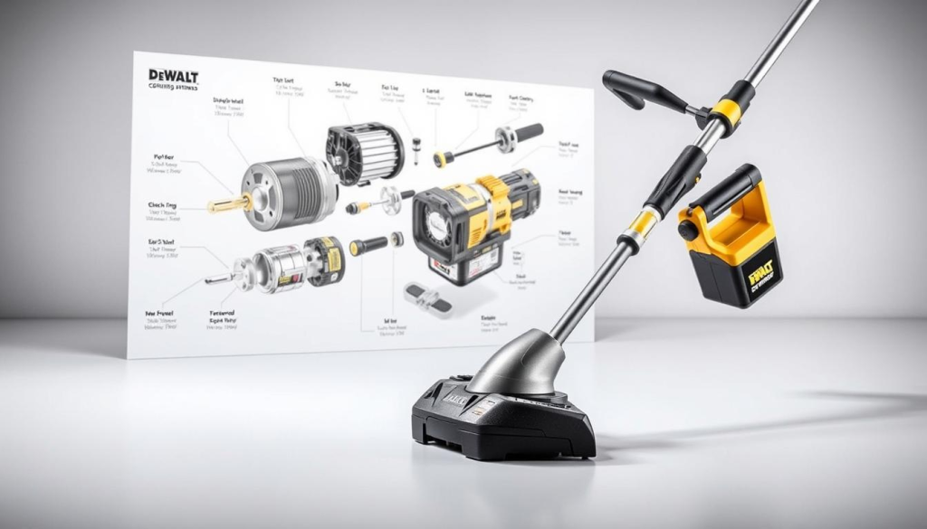 Detailed image of a DeWalt cordless string trimmer, showcasing its key specifications. The trimmer is positioned in the foreground, illuminated by soft, directional lighting that highlights its sleek, brushed metal design. In the middle ground, an exploded view diagram reveals the trimmer's internal components, such as the motor, battery, and cutting mechanism. The background features a simple, clean environment, allowing the product details to take center stage. The image conveys a sense of precision, quality, and technical expertise, aligning with the article's focus on understanding the trimmer's specifications.