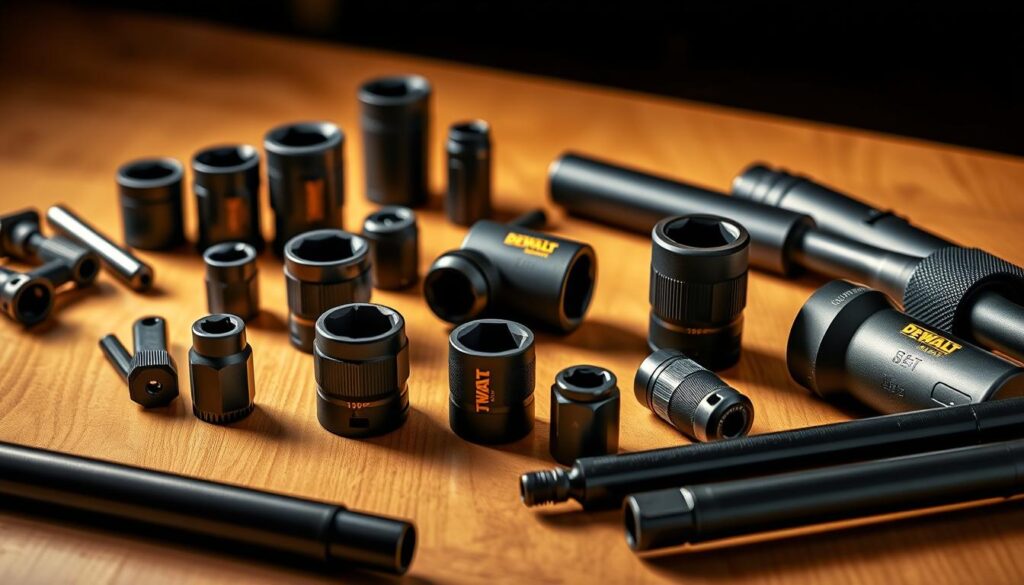 Detailed image of a collection of DEWALT impact wrench accessories, including a variety of sockets, adapters, and extension bars, arranged on a clean, well-lit wooden surface. The accessories are rendered with high fidelity, showcasing their sleek, industrial design and DEWALT branding. The lighting is soft and diffused, creating a warm, professional atmosphere that highlights the tools' quality and durability. The overall composition is balanced and visually appealing, drawing the viewer's attention to the versatile range of accessories available for the DEWALT hydraulic impact wrench.