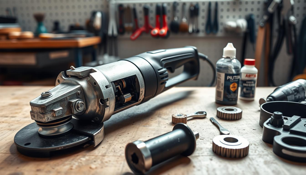 Detailed image of an angle grinder undergoing maintenance, set against a clean, well-lit workshop environment. In the foreground, the angle grinder is disassembled, revealing its inner components. The middle ground showcases various maintenance tools, including a brush, lubricant, and spare parts. In the background, a sturdy workbench and pegboard provide a sense of organization. The lighting is natural and soft, casting subtle shadows and highlighting the metallic textures. The overall scene conveys a sense of care, attention to detail, and a commitment to preserving the longevity of the power tool.