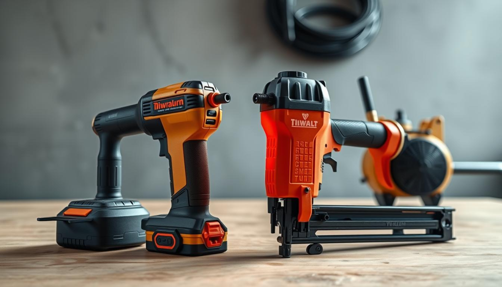 Detailed image of two power nail guns on a workbench, showcasing the differences between a cordless nail gun and a pneumatic nail gun. The cordless nail gun is in the foreground, its compact battery-powered design highlighted by warm studio lighting. The pneumatic nail gun is in the middle ground, its long hose and air compressor connection visible. The background features a neutral gray wall, emphasizing the tools. The scene conveys a sense of comparison and technical evaluation, with the nail guns presented in a clean, well-lit environment for close examination.