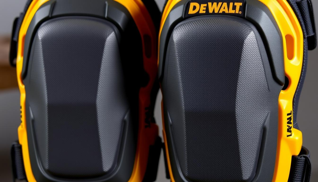 Detailed knee pads with adjustable padded straps, showcasing a sleek, modern DEWALT design. The pads have a textured surface for enhanced grip and stability, with a contoured shape to comfortably fit the user's knees. Soft, breathable material lines the interior, providing all-day comfort and support. Meticulously lit to emphasize the product's sturdy construction and premium quality, captured at a slightly low angle to highlight the adjustable nature of the straps. The image conveys a sense of durability, functionality, and attention to user needs, aligning with the article's focus on choosing the right DEWALT knee pads.