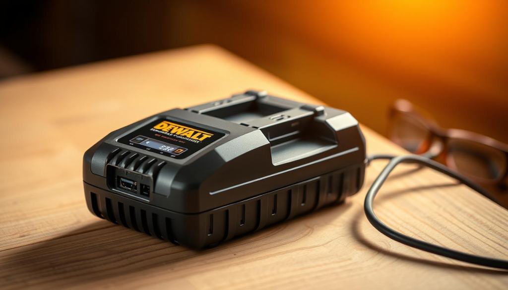 Detailed photograph of a DEWALT battery charger placed on a wooden surface, with a soft, warm lighting illuminating the device from the side. The charger is centrally positioned, taking up the majority of the frame, showcasing its sleek, modern design with a clear display and various ports. The background is slightly blurred, creating a sense of depth and focus on the device. The overall composition conveys a sense of quality, reliability, and the key benefits of using a DEWALT charger for power tool enthusiasts.