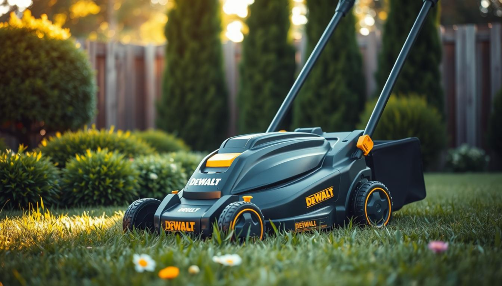 Detailed photograph of a DEWALT electric lawn mower in a lush, well-manicured backyard. The mower is positioned in the center, its sleek black and yellow design gleaming under warm, natural sunlight. The front wheels are slightly turned, suggesting the mower is in motion. Surrounding the mower are neatly trimmed grass, vibrant green shrubs, and a few scattered flowers in the foreground. In the background, a wooden fence and a few tall trees provide a sense of depth and tranquility. The image conveys the quality, efficiency, and versatility of the DEWALT mower, suitable for homeowners' outdoor needs.