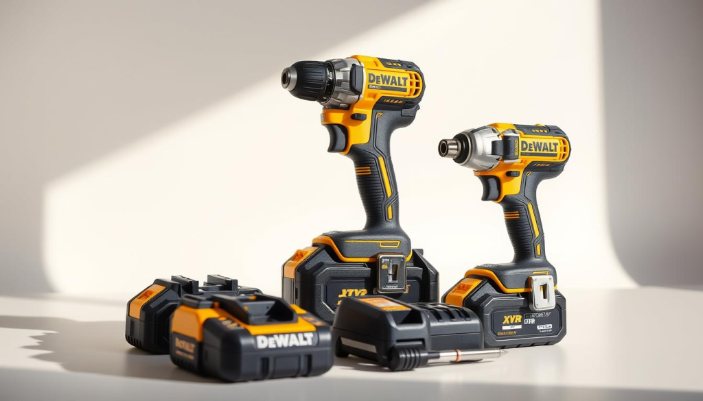 Detailed product shot of a DeWalt XR cordless power drill kit, prominently displayed against a clean, neutral background. The drill is positioned at a slight angle, showcasing its ergonomic design and high-quality construction. The accessories, such as batteries, charger, and attachments, are neatly arranged around the drill, creating a visually appealing and organized setup. Bright, natural lighting illuminates the scene, highlighting the vibrant blue and yellow color scheme of the DeWalt brand. The image conveys a sense of professionalism, reliability, and the ease of use associated with this powerful, versatile power tool.