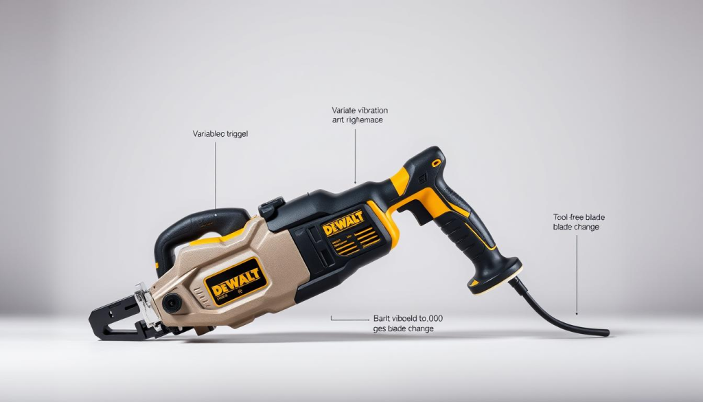 Detailed product shot of the best DEWALT reciprocating saw, showcased in a clean, well-lit studio setting. Prominent in the foreground is the sleek and durable body of the saw, its sturdy build and ergonomic design highlighted by strategic lighting. The middle ground features the saw's key features, such as its variable speed trigger, anti-vibration mechanism, and tool-free blade change, all captured with crisp clarity. The background is a simple, uncluttered backdrop, allowing the saw to take center stage and exude a sense of quality and professionalism. The overall atmosphere conveys the saw's versatility, power, and suitability as a "go-to" tool for a wide range of cutting tasks.