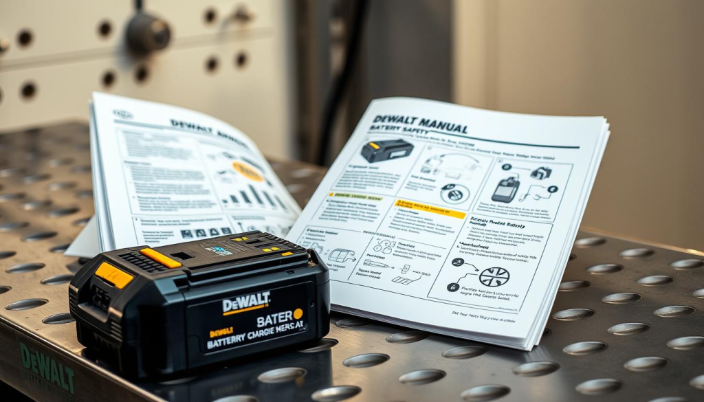 Detailed safety manual on a metallic workbench, with a DeWalt battery pack in the foreground. The manual pages are open, showcasing step-by-step instructions and diagrams on proper battery handling, charging, and storage. Soft, warm lighting illuminates the scene, creating a professional, educational atmosphere. The battery and manual are photographed from a slightly elevated angle, with a clean, minimalist background emphasizing the focus on the safety content. Technical precision and user-friendly design convey the reliable, high-quality nature of DeWalt's battery safety practices.