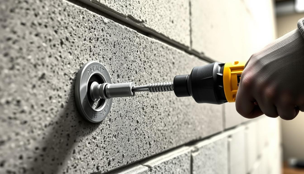 Detailed step-by-step process of a DEWALT anchor installation, showcased in a realistic, technical illustration. The scene depicts a close-up view of a wall surface, with a DEWALT anchor being hammered into the concrete using a power tool. The foreground features the anchor, the hammer, and the worker's hands in crisp detail. The middle ground shows the wall texture and surface imperfections. The background is slightly blurred, focusing attention on the anchor installation. Bright, diffused lighting illuminates the scene, creating a sense of clarity and professionalism. The overall mood is informative and instructional, highlighting the precision and expertise required for proper DEWALT anchor installation.